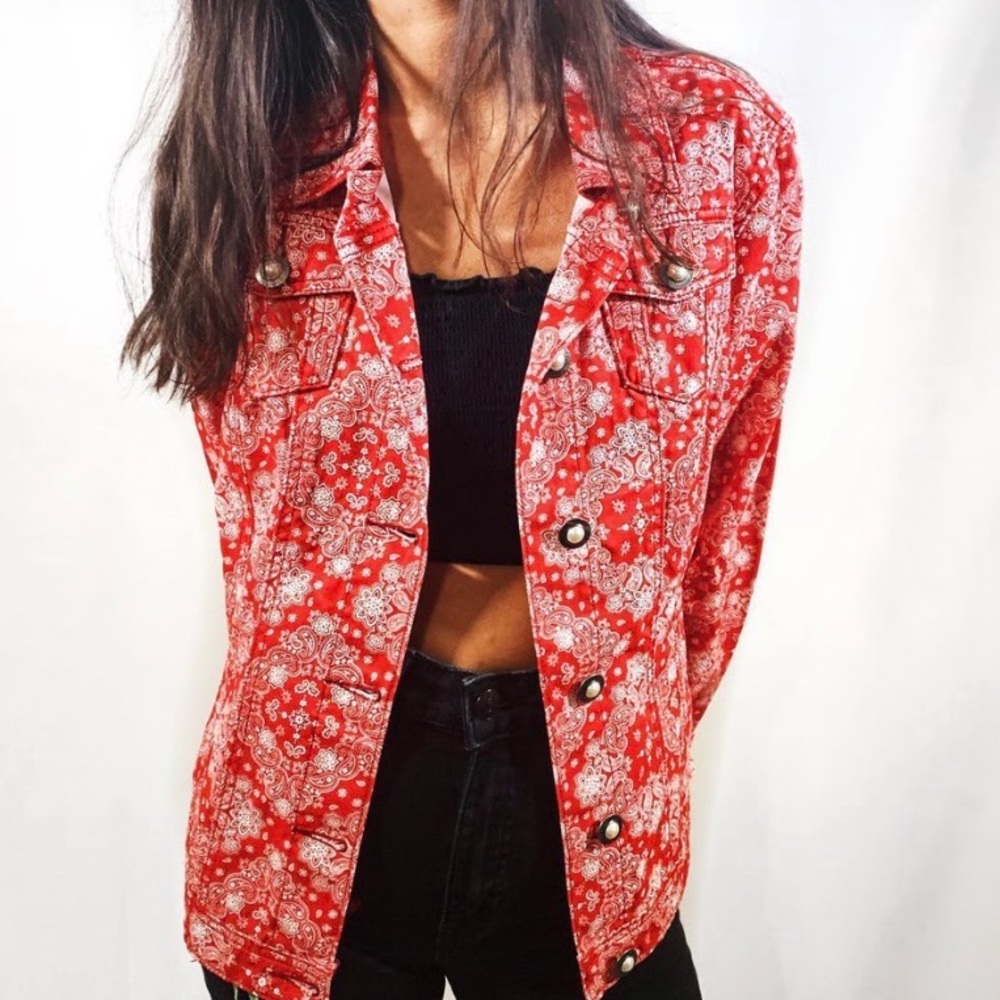 Red denim jacket